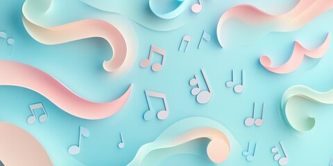 Poster - Delicate paper-cut music notes in pastel colors scattered across a light blue abstract backdrop, with layered curves and soft gradients adding depth