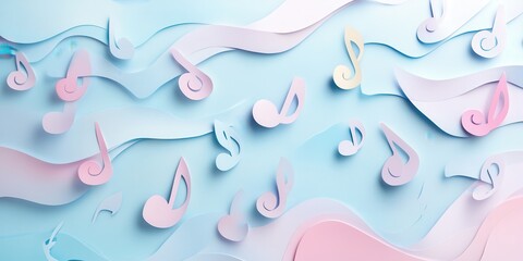 Poster - Delicate paper-cut music notes in pastel colors scattered across a light blue abstract backdrop, with layered curves and soft gradients adding depth