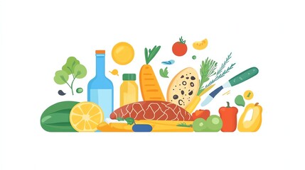 Wall Mural - A graphic of fruits, vegetables, a bottle of water, and a bottle of juice.