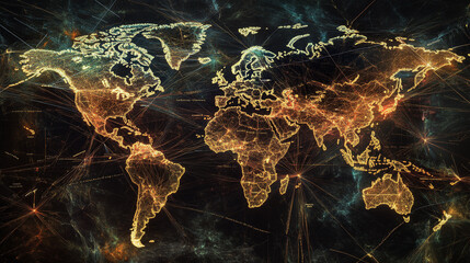 Poster - Illuminated world map showcasing global connections and data flow at night