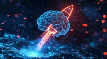 Poster - Rocket launching from a brain symbolizing innovative ideas