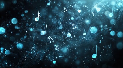 Poster - Glowing music notes in silver and blue floating on a dark abstract background with swirling waves and soft light effects, creating a dynamic and elegant banner design