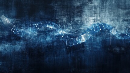 Poster - Silver and blue music notes intertwined with glowing soundbars on a dark, moody background, enhanced by abstract light rays and fading textures