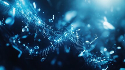 Poster - Silver and blue music notes intertwined with glowing soundbars on a dark, moody background, enhanced by abstract light rays and fading textures