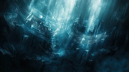 Poster - Silver and blue music notes intertwined with glowing soundbars on a dark, moody background, enhanced by abstract light rays and fading textures