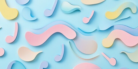 Poster - Whimsical pastel music notes in a paper-cut design scattered on a soothing light blue background with layered curves and a minimalist artistic touch