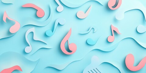 Poster - Whimsical pastel music notes in a paper-cut design scattered on a soothing light blue background with layered curves and a minimalist artistic touch