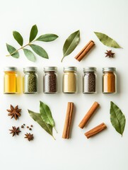 Fototapete - Small jars of vibrant spices and aromatic bay leaves are displayed, complemented by cinnamon sticks for an inviting, organized look. Generative AI