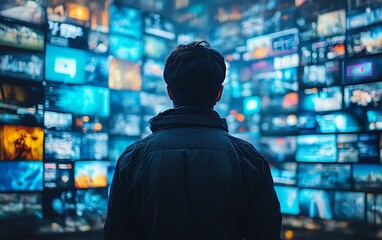 Poster - Back view of a man in 3D cyberspace