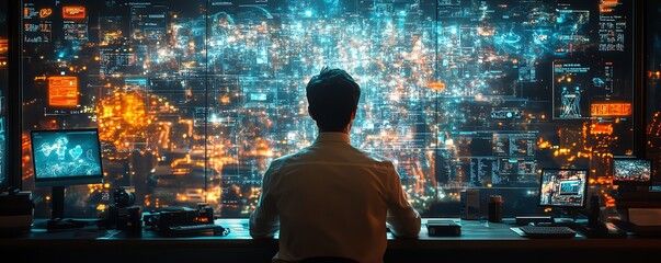 Poster - Back view of a man navigating a 3D cyberspace with animated interfaces for social networks