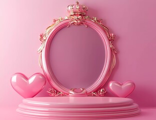 Poster - 3D render, pink background with podium and heart-shaped decoration for a product presentation scene, vector illustration,