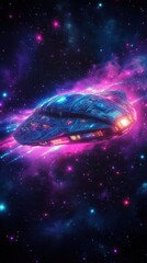 Poster - Futuristic Spaceship Navigating Through a Colorful Cosmic Nebula with Stars and Galactic Dust in a Vibrant Interstellar Scene