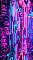 Poster - Abstract neon circuit board design with vibrant colors showcasing technological patterns and digital elements for a futuristic aesthetic background
