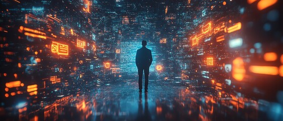 Poster - Futuristic cyberspace scene with a man in the back view