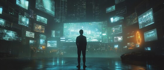 Poster - Futuristic cyberspace scene with a man in the back view