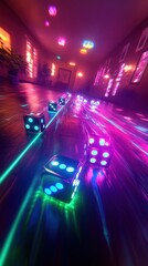 Poster - Vibrant Neon Dice Rolling Along a Luminescent Floor in a Dimly Lit Room Creating a Futuristic and Playful Atmosphere with Colorful Light Trails