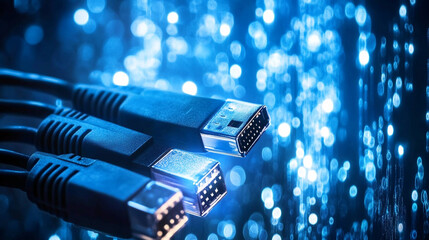 Poster - High-tech close-up of glowing USB and HDMI cables against a blue background