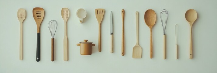 Aufkleber - An organized collection of essential kitchen tools includes spatulas, whisks, and small pots against a plain white backdrop ideal for creativity. Generative AI