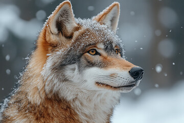  A snow dusted wolf observes its wintry surroundings