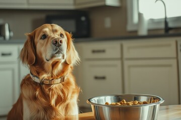 Aufkleber - A golden retriever with a collar waits eagerly by a stainless steel bowl that is filled with food, surrounded by a warm kitchen atmosphere. Generative AI