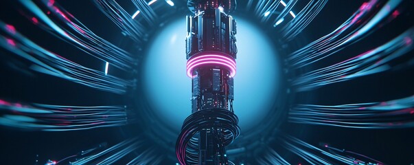 Poster - modern telecommunication tower surrounded by glowing fiber optic cables, a blend of natural and tech