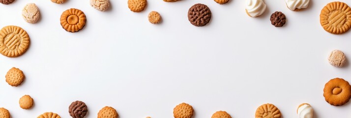 Poster - A variety of cookies and sweets spread artistically on a clean white surface, providing ample space for personalized text and branding. Generative AI