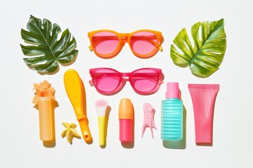 Poster - Sunglasses in bold colors, sunscreen, and summer essentials arranged neatly on a white background, creating a perfect summer vibe. Generative AI