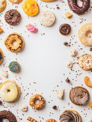 Poster - Colorful selection of cookies and sweets arranged on a white background, perfect for displaying promotional text or invitations. Generative AI