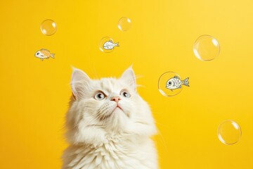 Poster - A fluffy white cat looks up in wonder as illustrated fish swim inside circles floating in the air against a solid yellow background. Generative AI