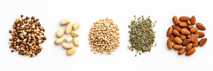Fototapete - Organic ingredients like seeds, nuts, and herbs are displayed neatly on a white background, allowing room for adding text or graphics. Generative AI