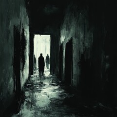 Poster - Dark hallway, figures walking toward light.