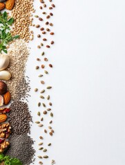 Fototapete - Seeds, nuts, and herbs spread out on a white background create an inviting display with ample space for additional text or design elements. Generative AI