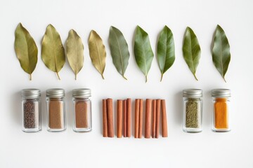 Fototapete - Brightly colored spice jars are placed with bay leaves and cinnamon sticks, creating an aromatic arrangement suitable for culinary inspiration. Generative AI