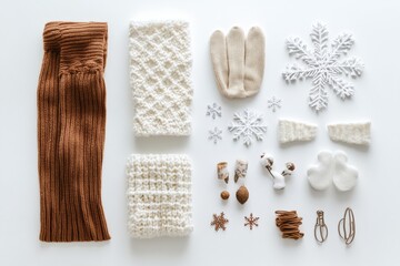 Poster - Cozy winter accessories such as gloves and scarves are arranged neatly with snowflakes on a white background, perfect for seasonal inspiration. Generative AI