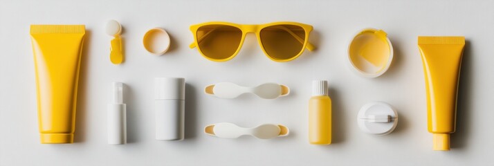 Poster - Colorful summer accessories are displayed neatly on white background, featuring sunglasses and sunscreen with plenty of copy space available. Generative AI