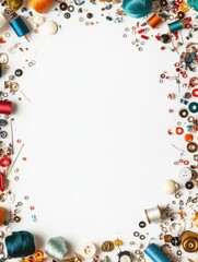 Poster - Colorful sewing essentials such as needles, threads, and buttons are artistically arranged on a clean white background, perfect for creative projects. Generative AI