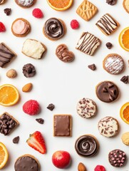 Aufkleber - Delightful arrangement of various sweets and cookies surrounded by fruits, ideal for creating an enticing dessert advertisement. Generative AI