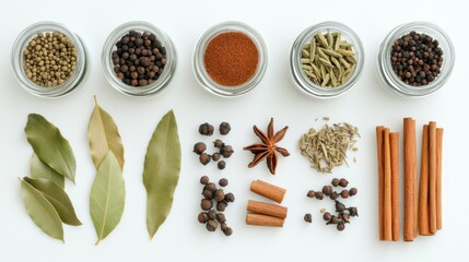 Fototapete - Colorful jars of spices, bay leaves, and cinnamon sticks create an aromatic display with space for your text. Generative AI
