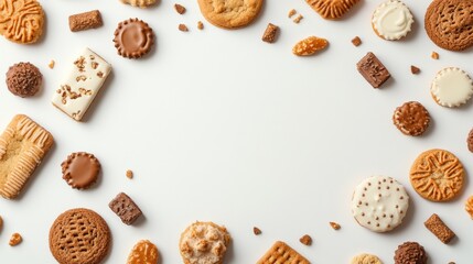 Poster - An enticing variety of cookies and sweets is beautifully displayed on a clean white background, creating a perfect opportunity for text integration. Generative AI