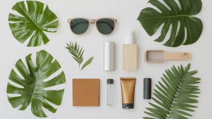 Poster - Sunglasses, sunscreen, and summer essentials are neatly organized on a white background surrounded by tropical leaves, perfect for travel planning. Generative AI