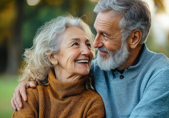 Wall Mural - happy elderly couple enjoying nature together in park smiling love embrace leisure lifestyle