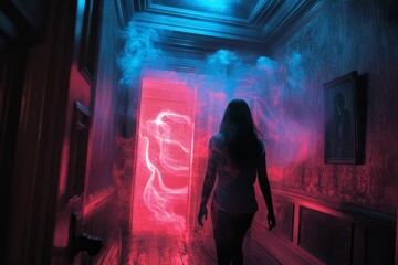 Poster - Woman walks hallway, vibrant red and blue light, smoky.