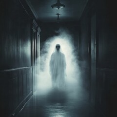 Poster - Ghostly figure in dark hallway, misty atmosphere.