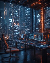 Poster - AIdriven workspace with efficient tools and glowing holograms, showcasing data analysis and streamlined workflows, futuristic design with cinematic lighting