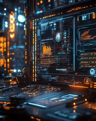 Poster - AIdriven workspace with efficient tools and glowing holograms, showcasing data analysis and streamlined workflows, futuristic design with cinematic lighting