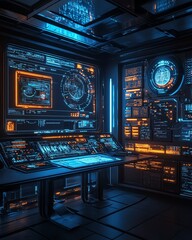 Poster - AIdriven workspace with efficient tools and glowing holograms, showcasing data analysis and streamlined workflows, futuristic design with cinematic lighting