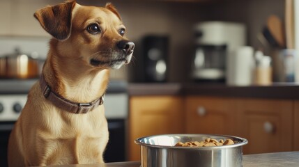 Aufkleber - A dog with a collar sits beside a stainless steel bowl filled with food, showing eagerness in a warm, inviting kitchen during the day. Generative AI