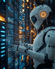 Poster - Futuristic concept of AI technology streamlining data analysis with glowing charts, robotic assistants, and efficient tools in a hightech workspace, ultrarealistic details