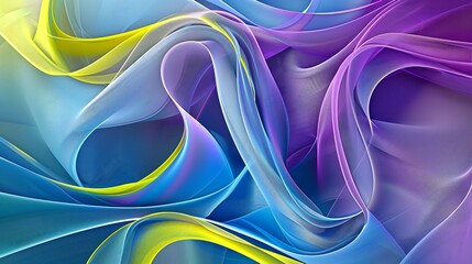 Poster - Abstract digital art with interlocking waves of Aqua Blue, Neon Yellow, and Deep Violet, enhanced by glowing edges and depth. background, wallpaper 