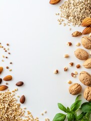 Poster - A variety of organic seeds, nuts, and herbs are beautifully arranged on a clean white background, offering space for messages or branding. Generative AI